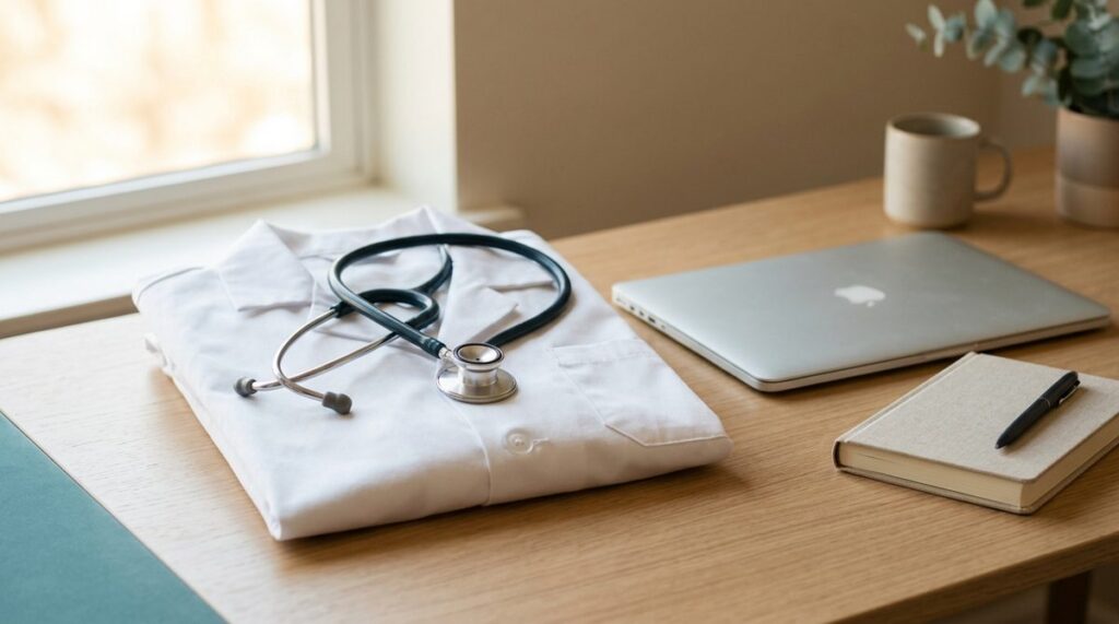 Bata blanca y estetoscopio sobre un escritorio, ilustrando cómo ejercer medicina en Canadá como médico extranjero