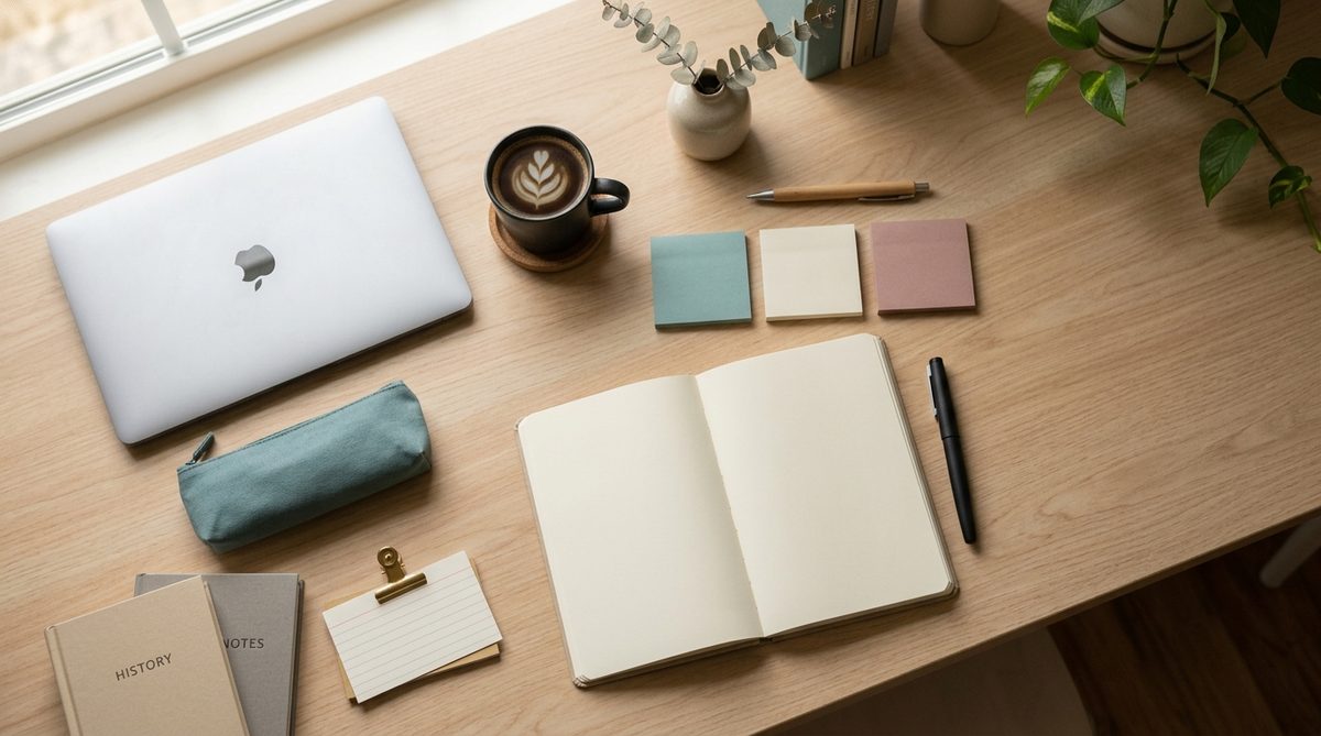 Escritorio de estudio con cuaderno y laptop, sobre los exámenes para ejercer en Canadá (MCCQE, NCLEX-RN, NDEB)